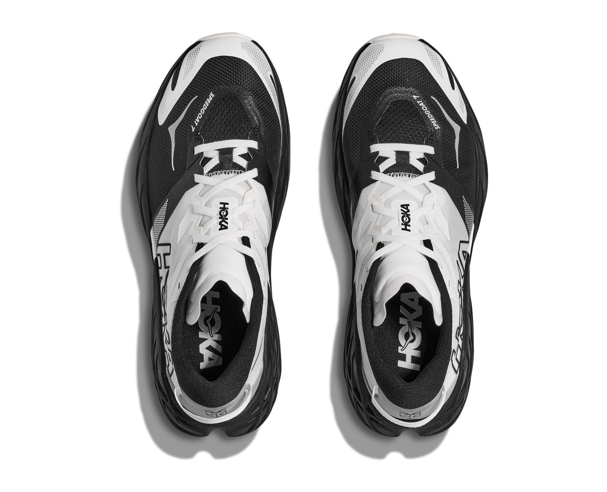 Women's Hoka Speedgoat 7. White/Black upper. Black midsole. Top view.