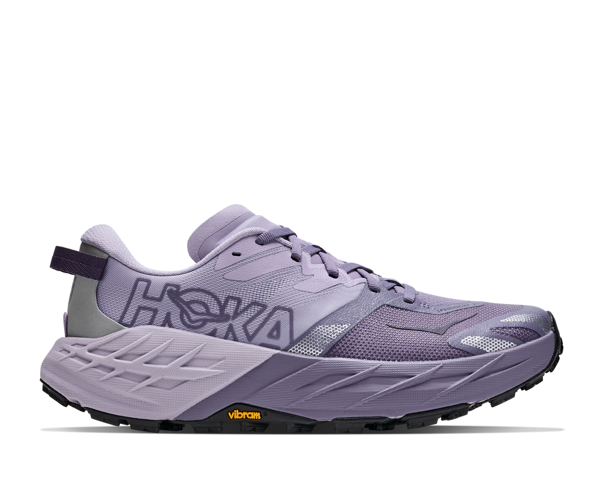 Women's HOKA Speedgoat 7 in Mellow Lilac/Purple Fog, lateral view.