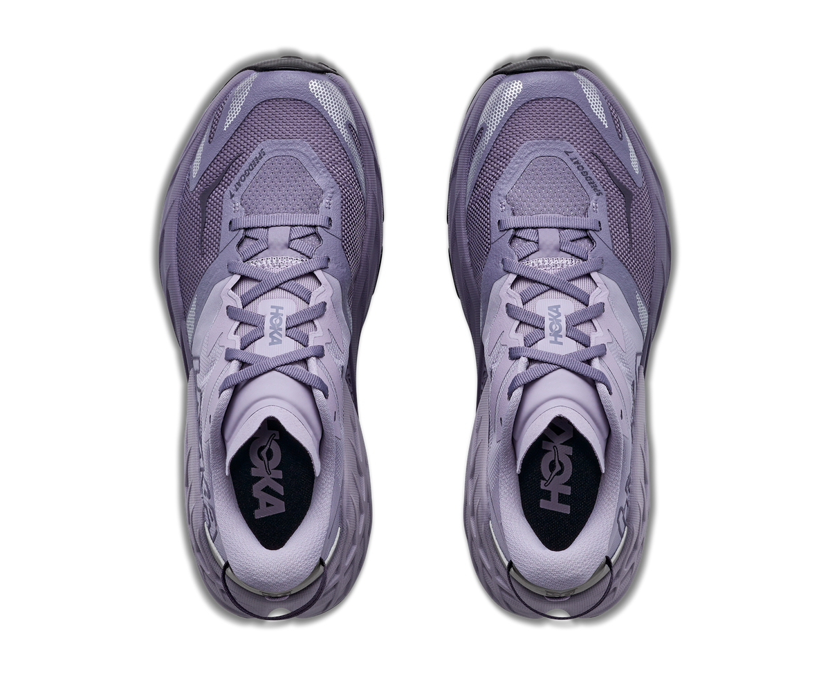 Women's HOKA Speedgoat 7 in Mellow Lilac/Purple Fog, top view.