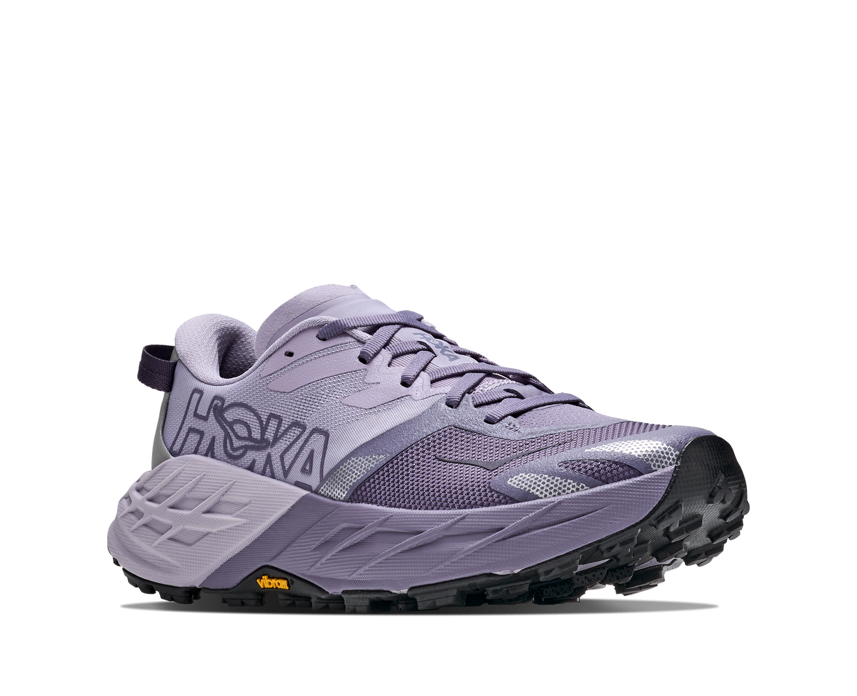 Women's HOKA Speedgoat 7 in Mellow Lilac/Purple Fog, lateral view.