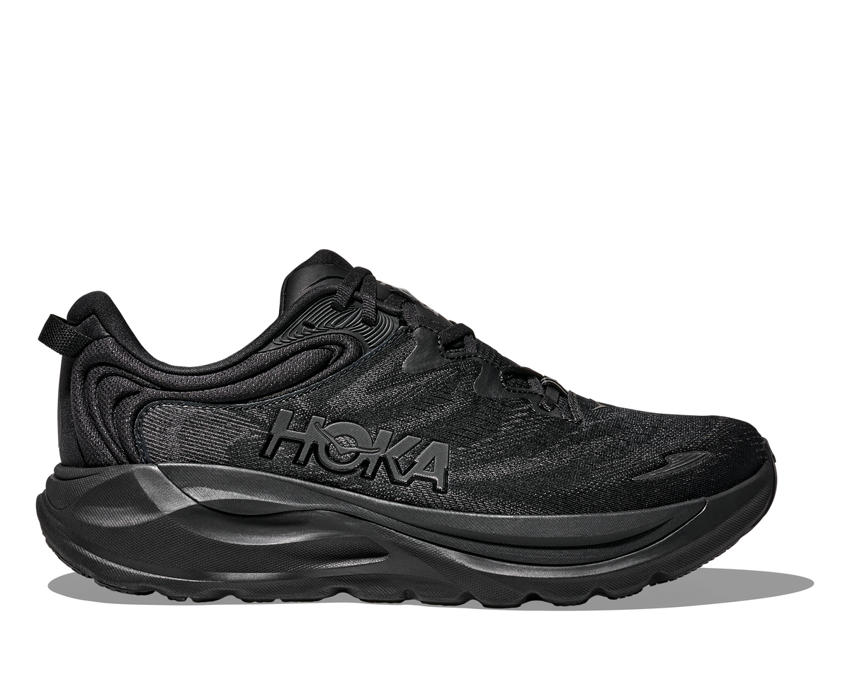 Men's Hoka Gaviota 6. Black upper. Black midsole. Lateral view.