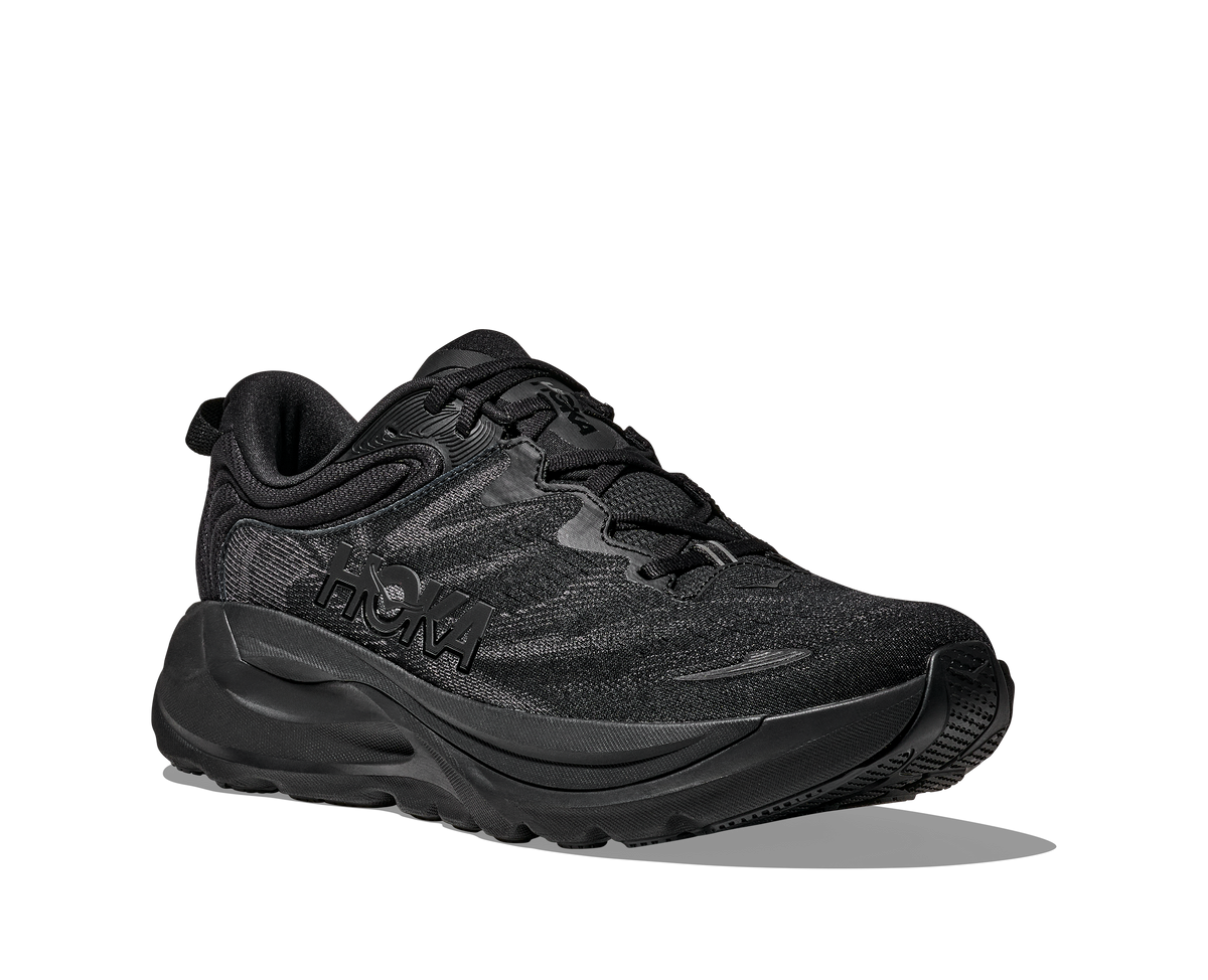 Men's Hoka Gaviota 6. Black upper. Black midsole. Lateral view.