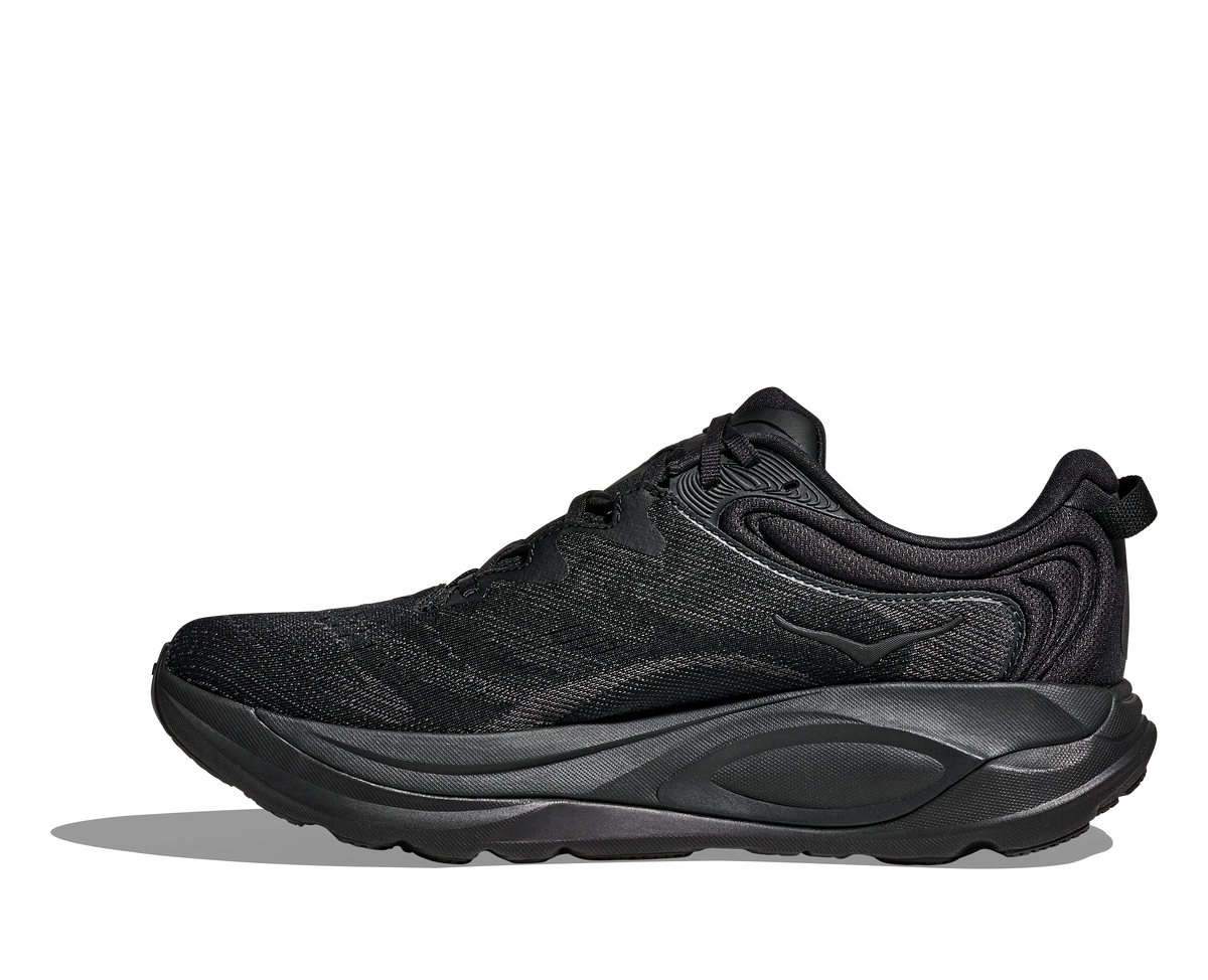 Men's Hoka Gaviota 6. Black upper. Black midsole. Medial view.