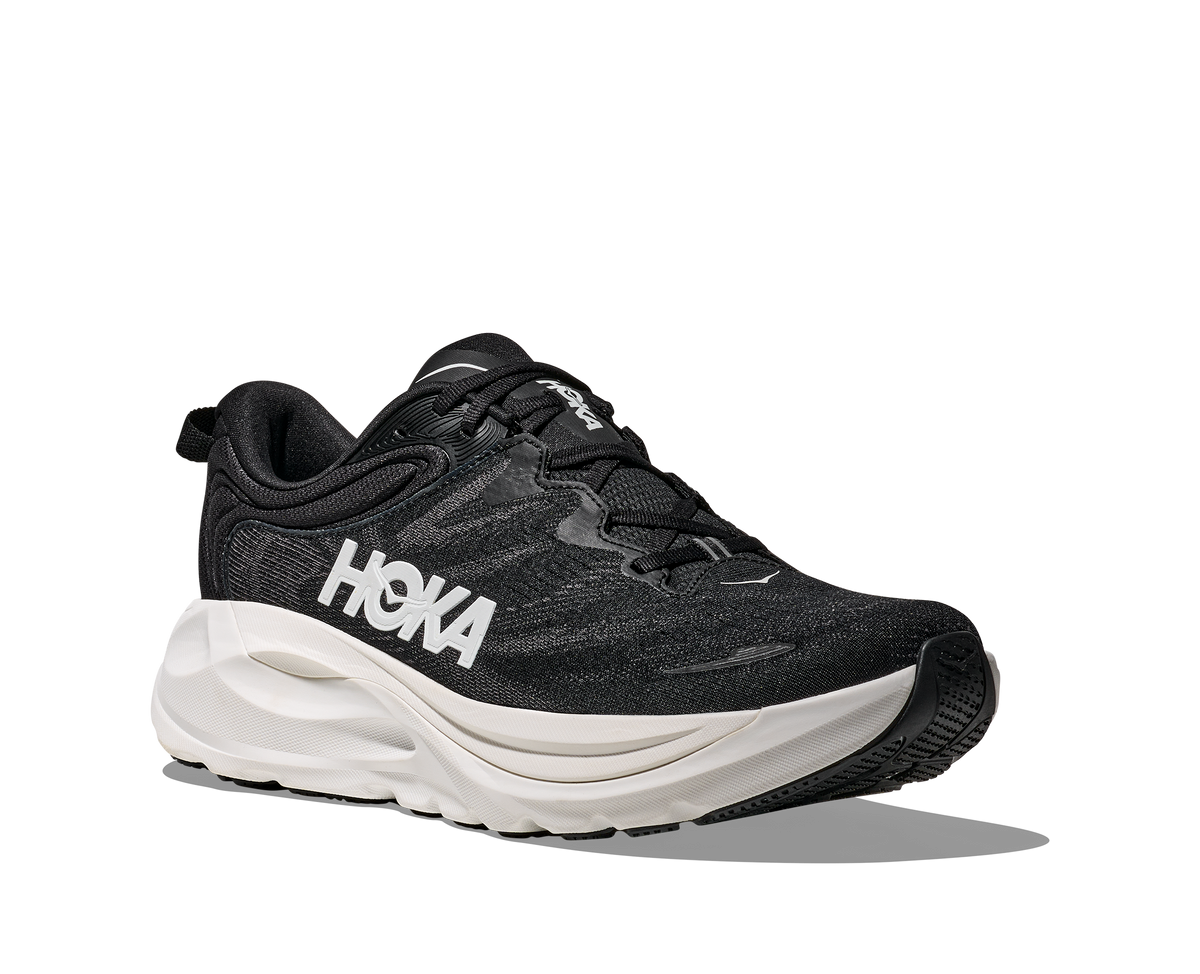 Men's Hoka Gaviota 6. Black upper. White midsole. Lateral view.