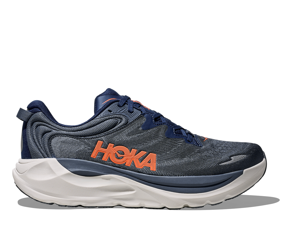 Men's Hoka Gaviota 6. Dark Blue/Grey upper. White midsole. Lateral view.