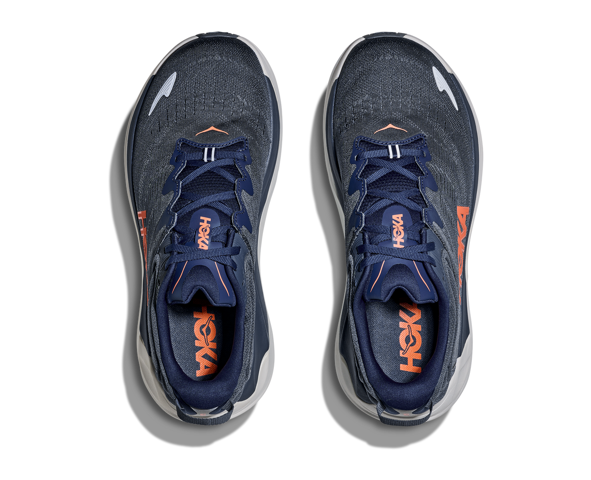 Men's Hoka Gaviota 6. Dark Blue/Grey upper. White midsole. Top view.