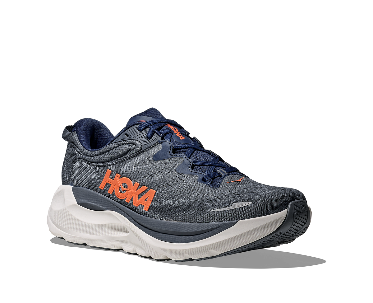 Men's Hoka Gaviota 6. Dark Blue/Grey upper. White midsole. Lateral view.