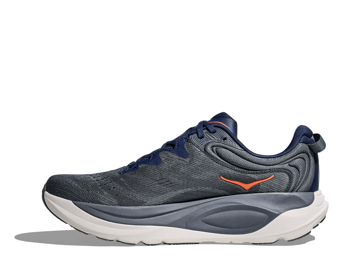 Men's Hoka Gaviota 6. Dark Blue/Grey upper. White midsole. Medial view.