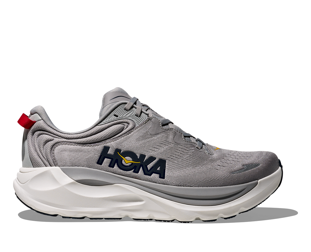 Men's Hoka Gaviota 6. Grey upper. White midsole. Lateral view.