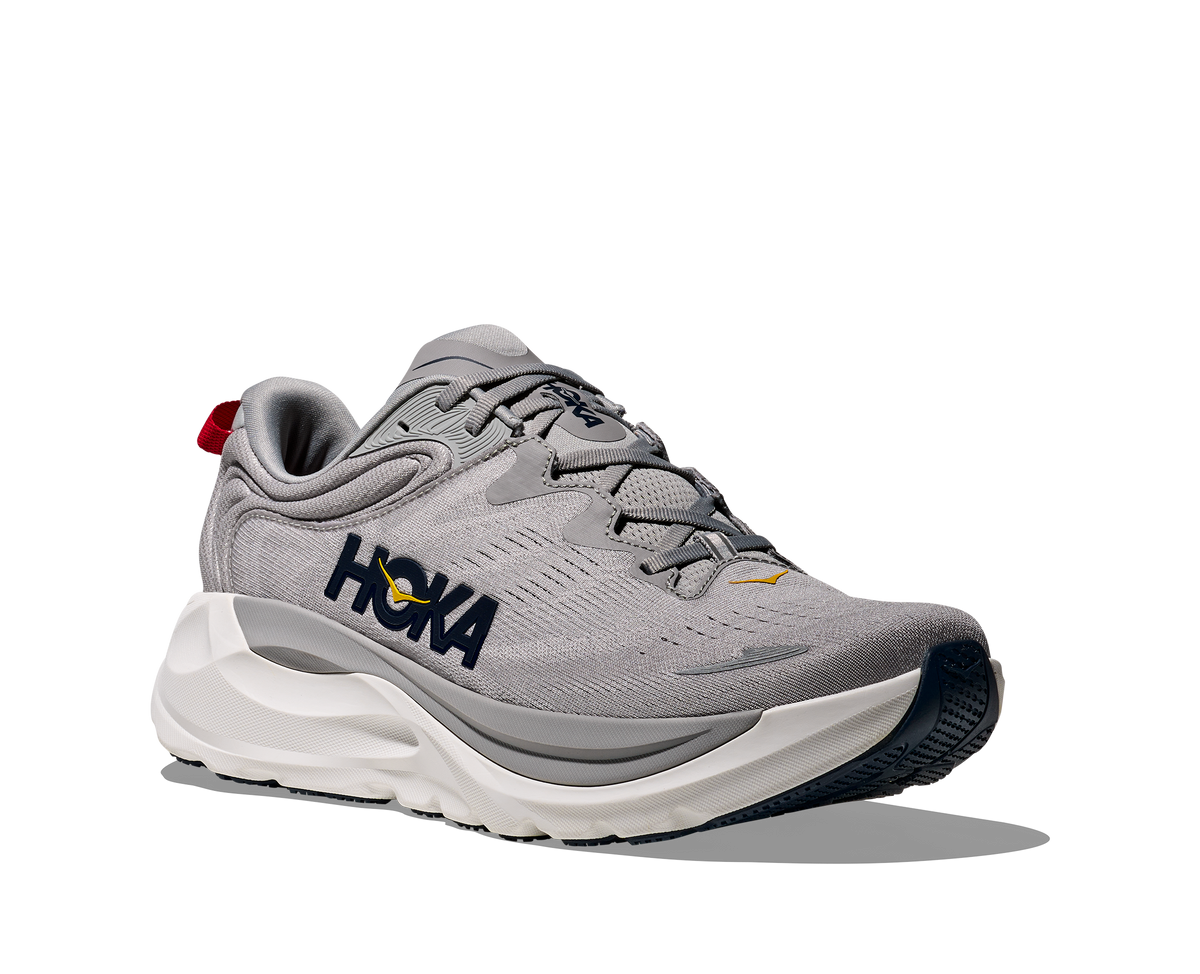 Men's Hoka Gaviota 6. Grey upper. White midsole. Lateral view.