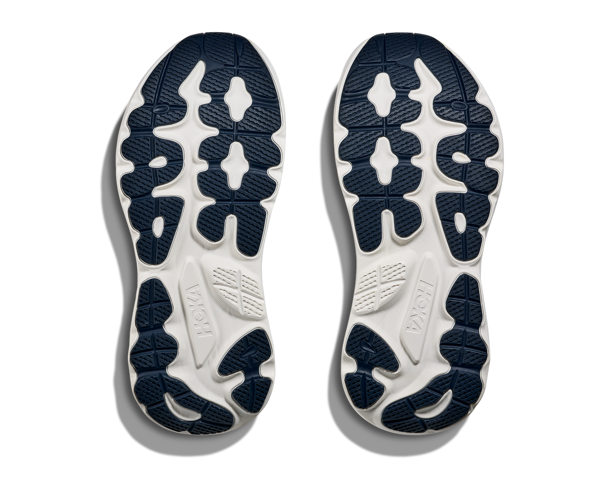 Men's Hoka Gaviota 6. Grey upper. White midsole. Bottom view.