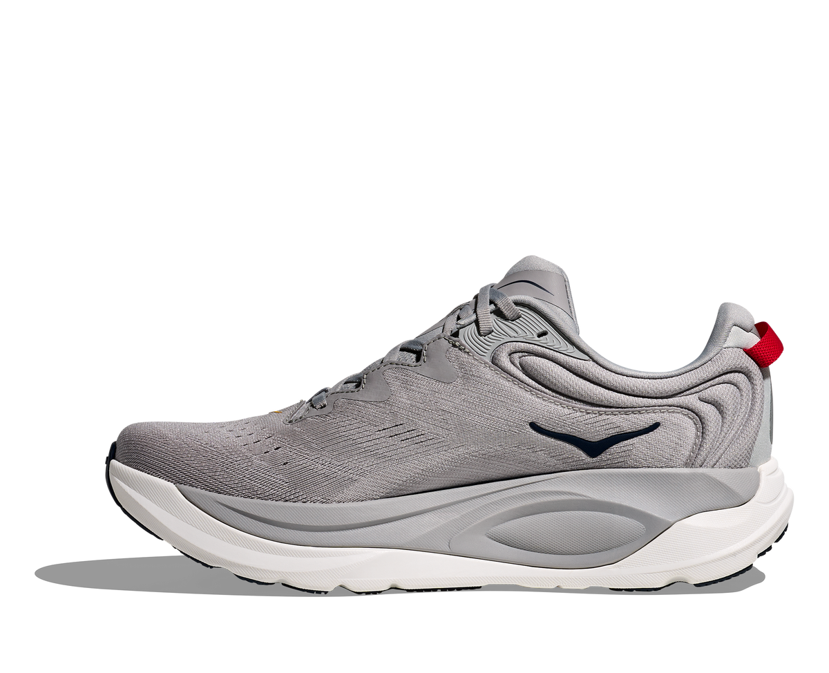 Men's Hoka Gaviota 6. Grey upper. White midsole. Medial view.