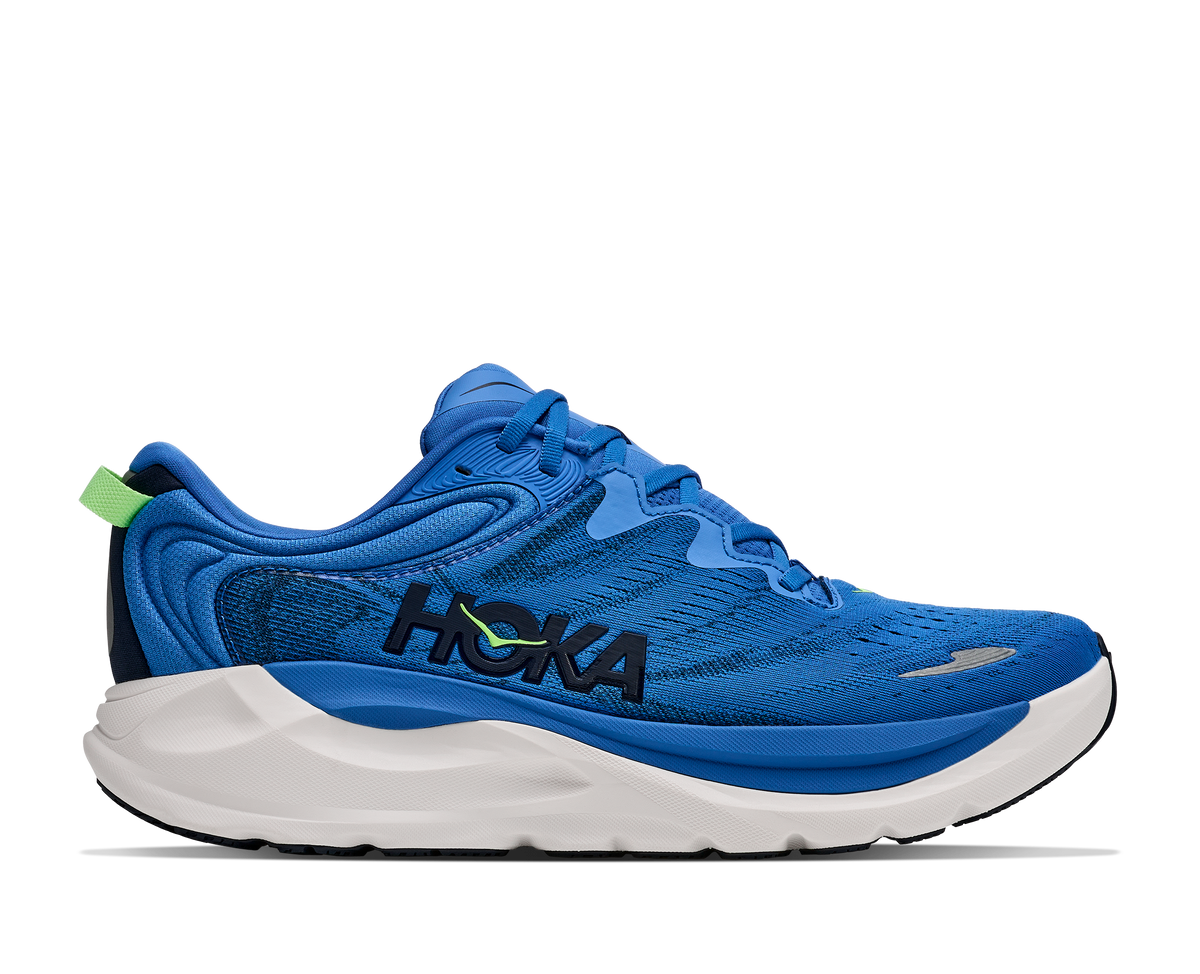 Men's Hoka Gaviota 6. Blue upper. White midsole. Lateral view.