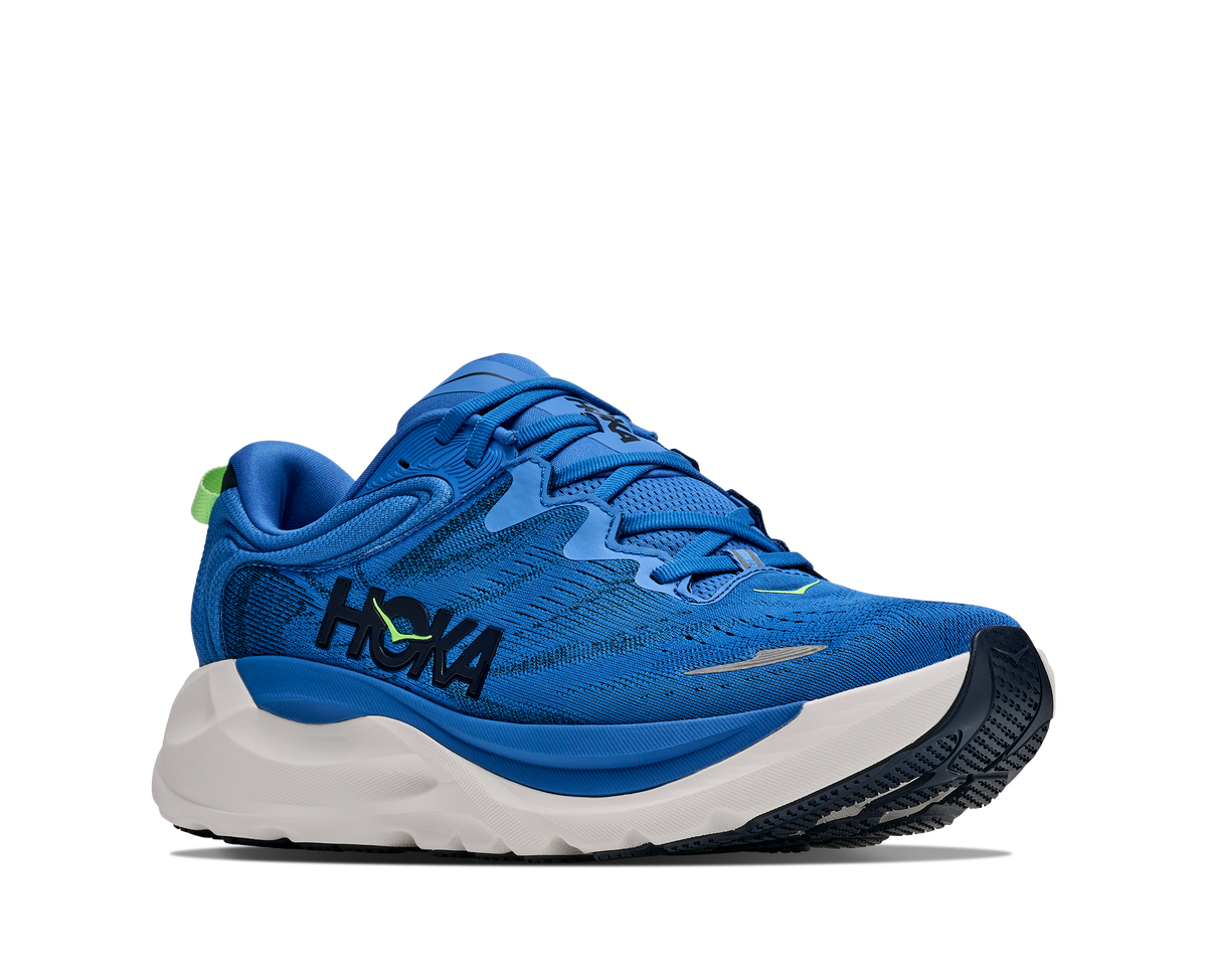 Men's Hoka Gaviota 6. Blue upper. White midsole. Lateral view.