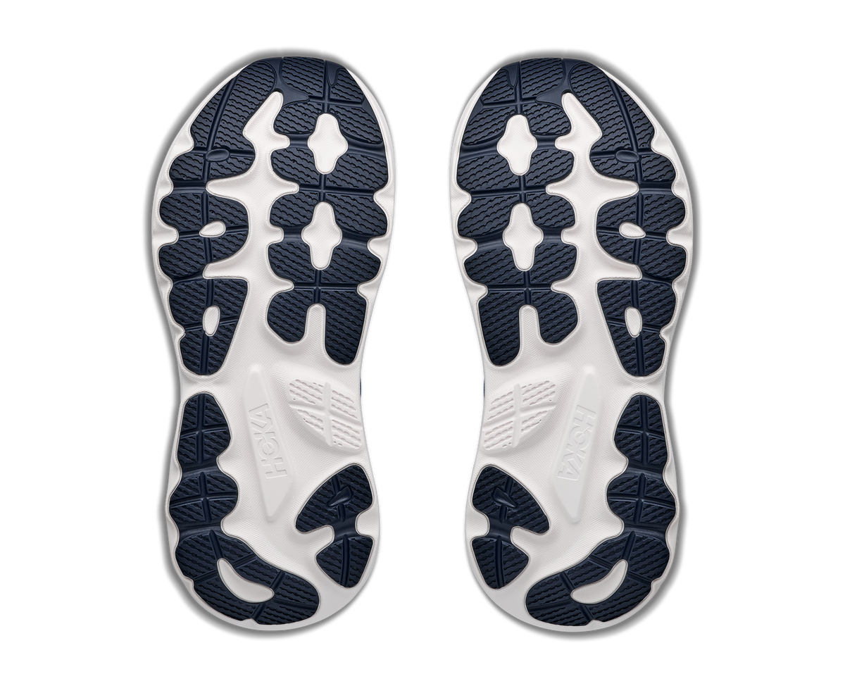 Men's Hoka Gaviota 6. Blue upper. White midsole. Bottom view.