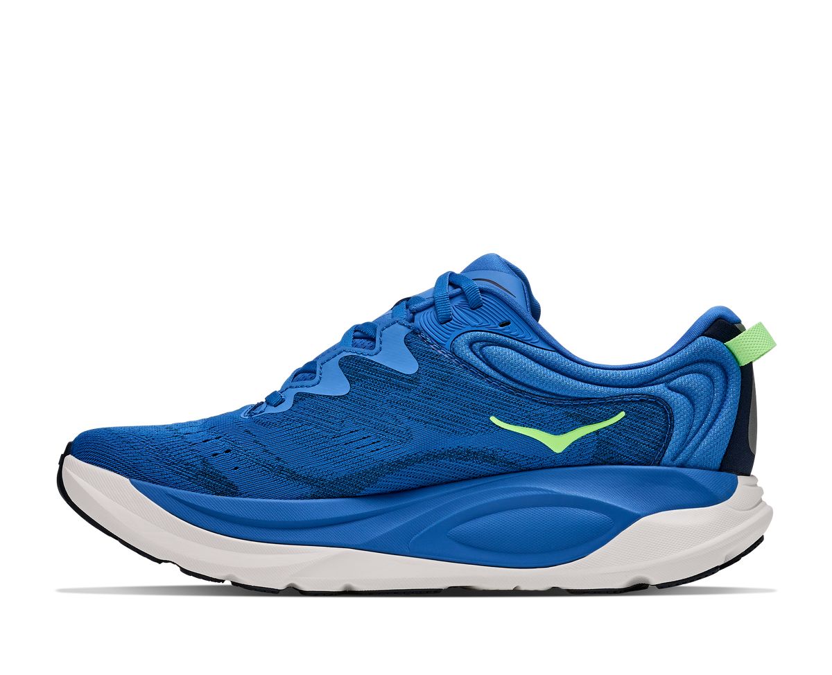 Men's Hoka Gaviota 6. Blue upper. White midsole. Medial view.