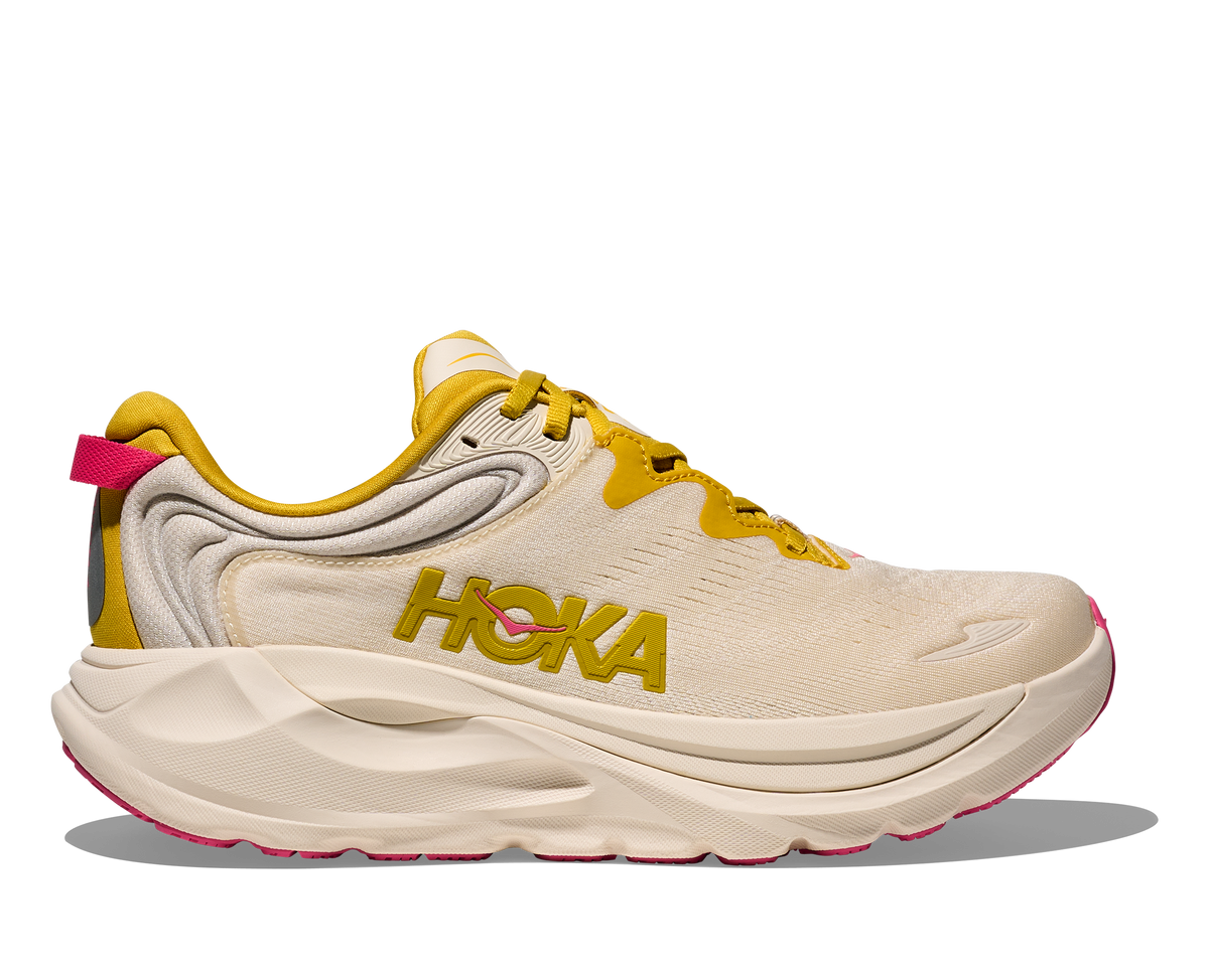 Women's Hoka Gaviota 6. White upper. White midsole. Lateral view.
