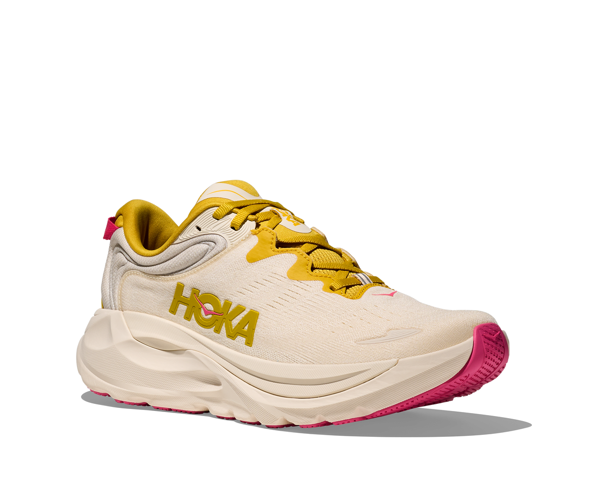 Women's Hoka Gaviota 6. White upper. White midsole. Lateral view.