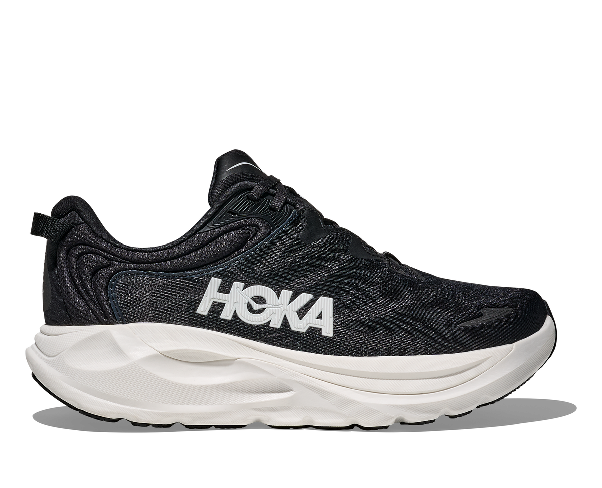 Women's Hoka Gaviota 6. Black upper. White midsole. Lateral view.