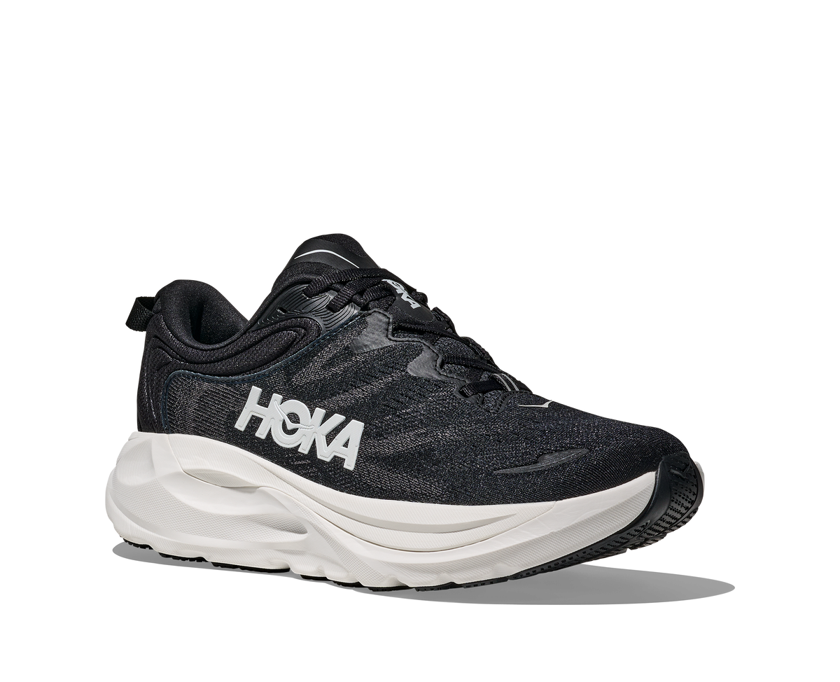 Women's Hoka Gaviota 6. Black upper. White midsole. Lateral view.