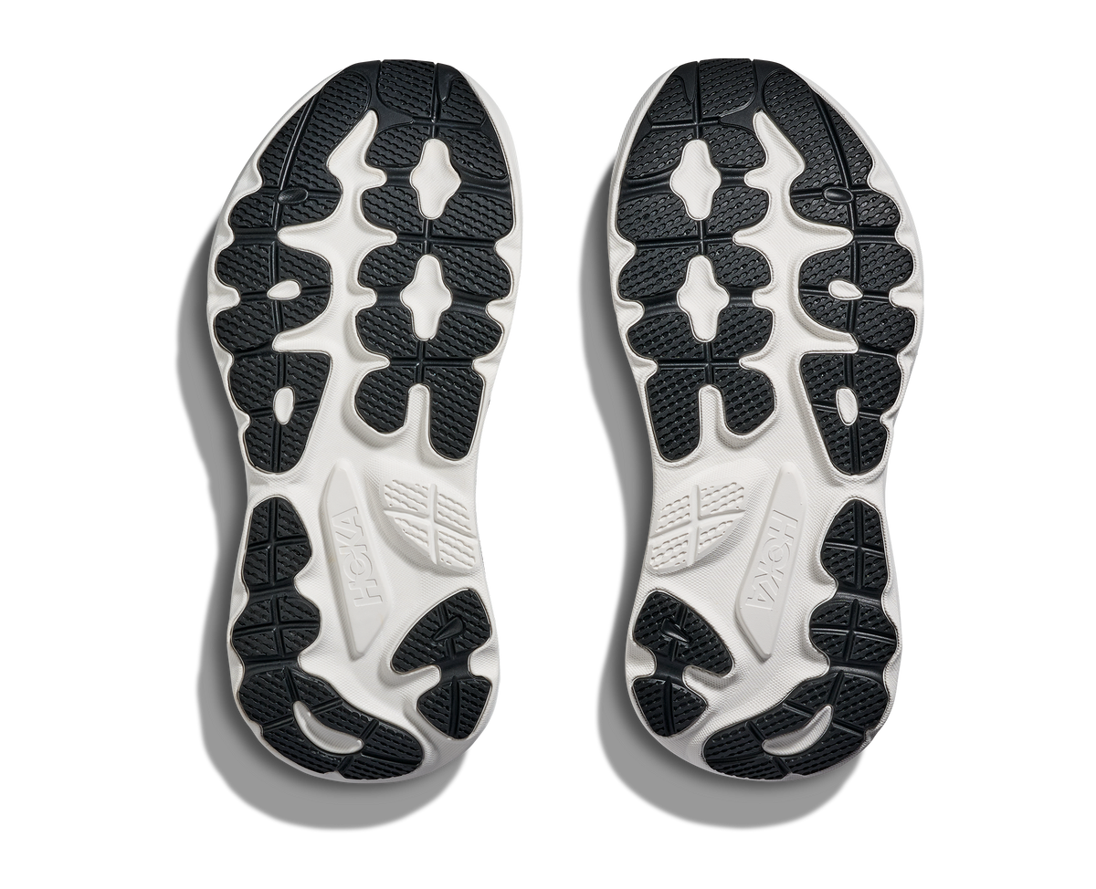 Women's Hoka Gaviota 6. Black upper. White midsole. Bottom view.