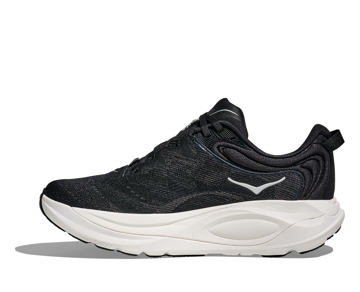 Women's Hoka Gaviota 6. Black upper. White midsole. Medial view.