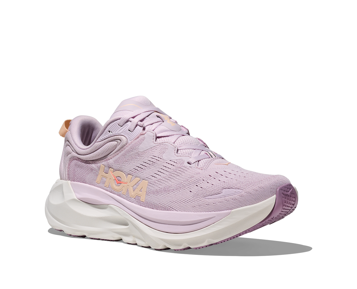 Women's Hoka Gaviota 6. Lilac upper. White midsole. Lateral view.