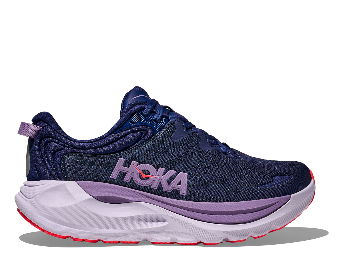 Women's Hoka Gaviota 6. Dark Navy upper. Light Grey midsole. Lateral view.