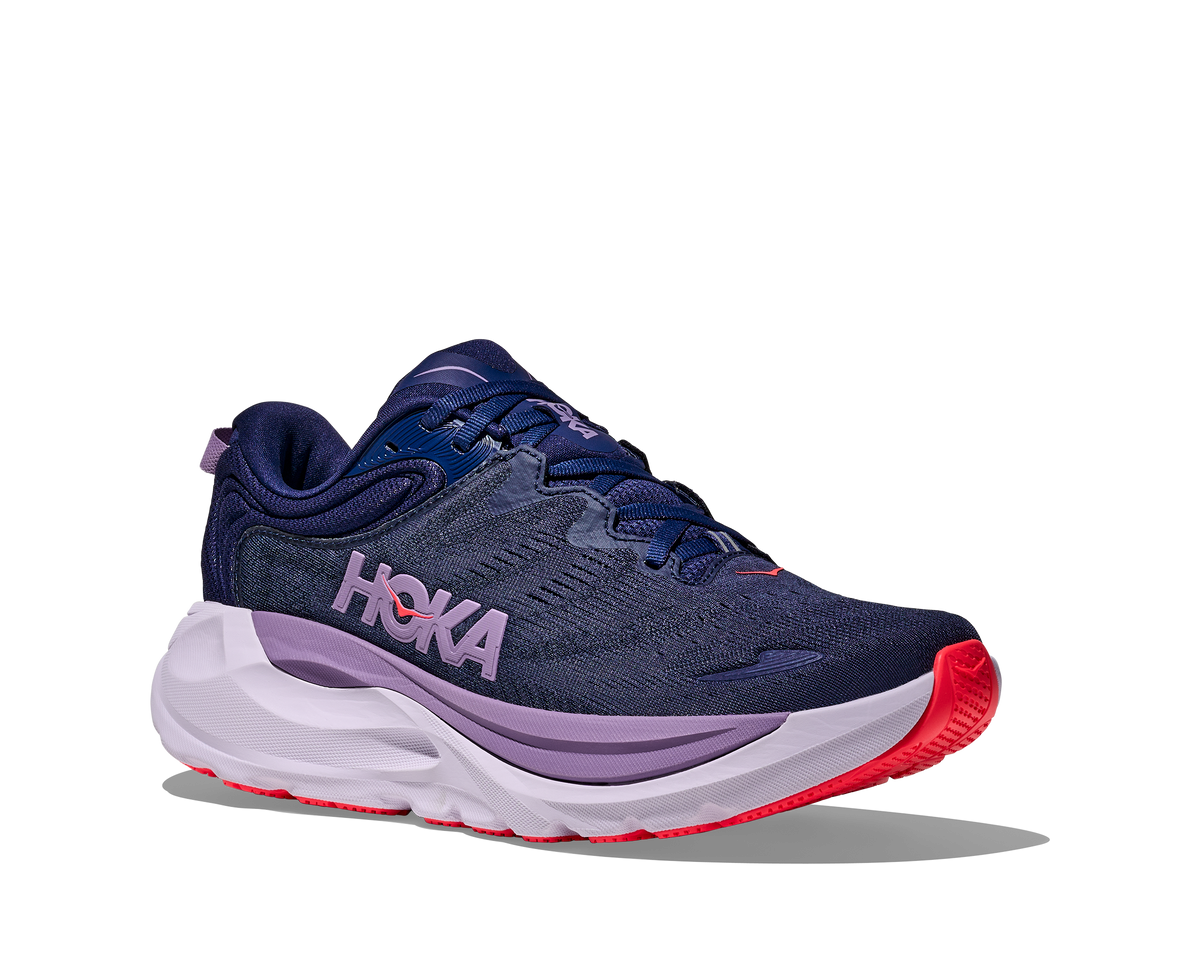 Women's Hoka Gaviota 6. Dark Navy upper. Light Grey midsole. Lateral view.