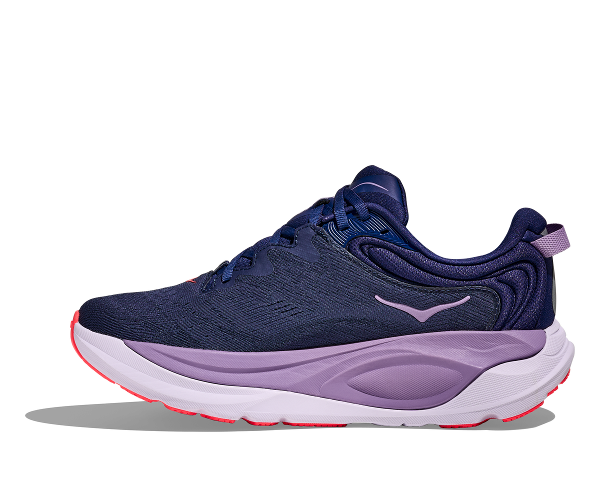 Women's Hoka Gaviota 6. Dark Navy upper. Light Grey midsole. Medial view.