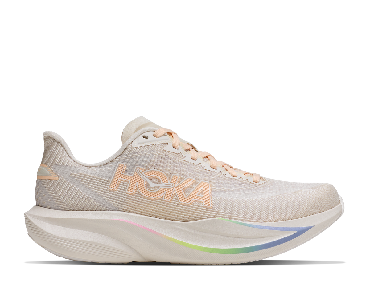 Women's HOKA Mach 7 in Oatmilk/Alabaster, lateral view.
