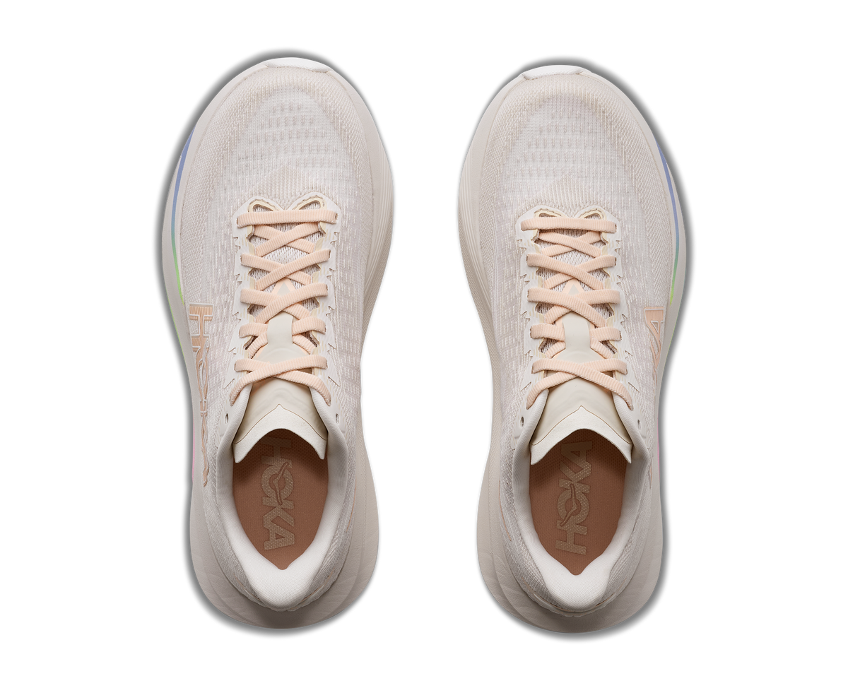Women's HOKA Mach 7 in Oatmilk/Alabaster, top view.