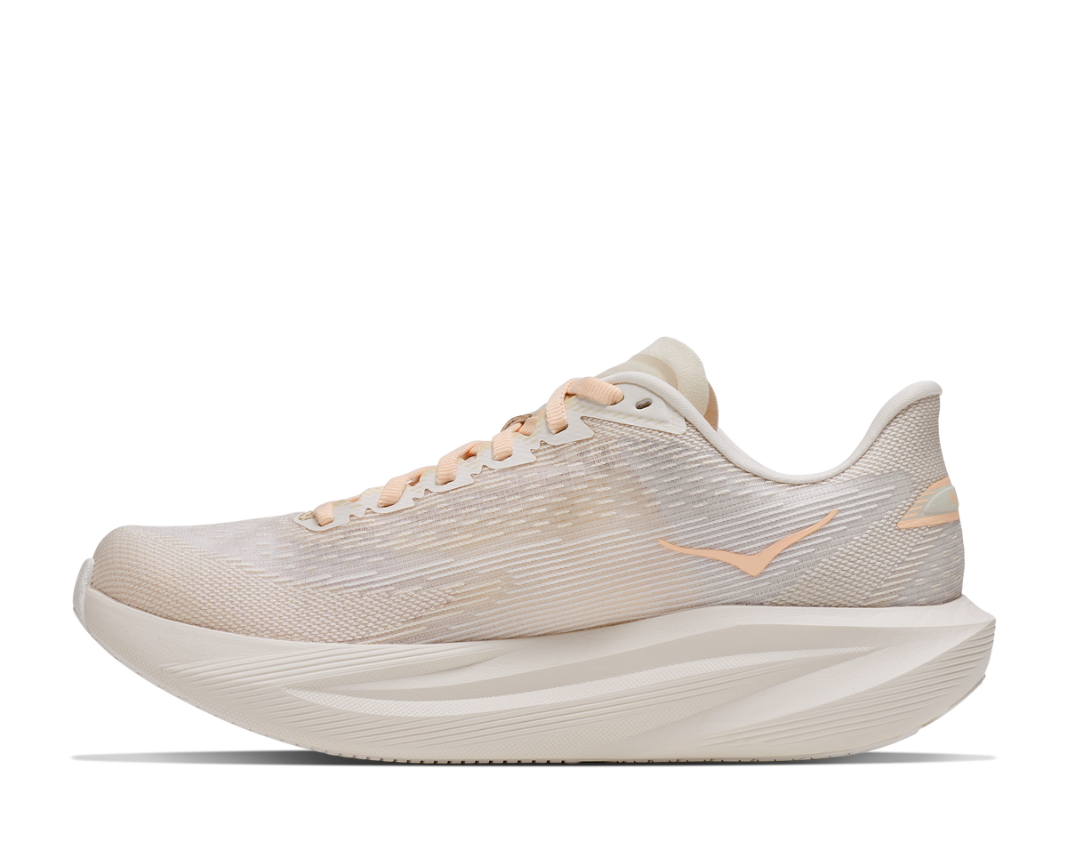 Women's HOKA Mach 7 in Oatmilk/Alabaster, medial view.