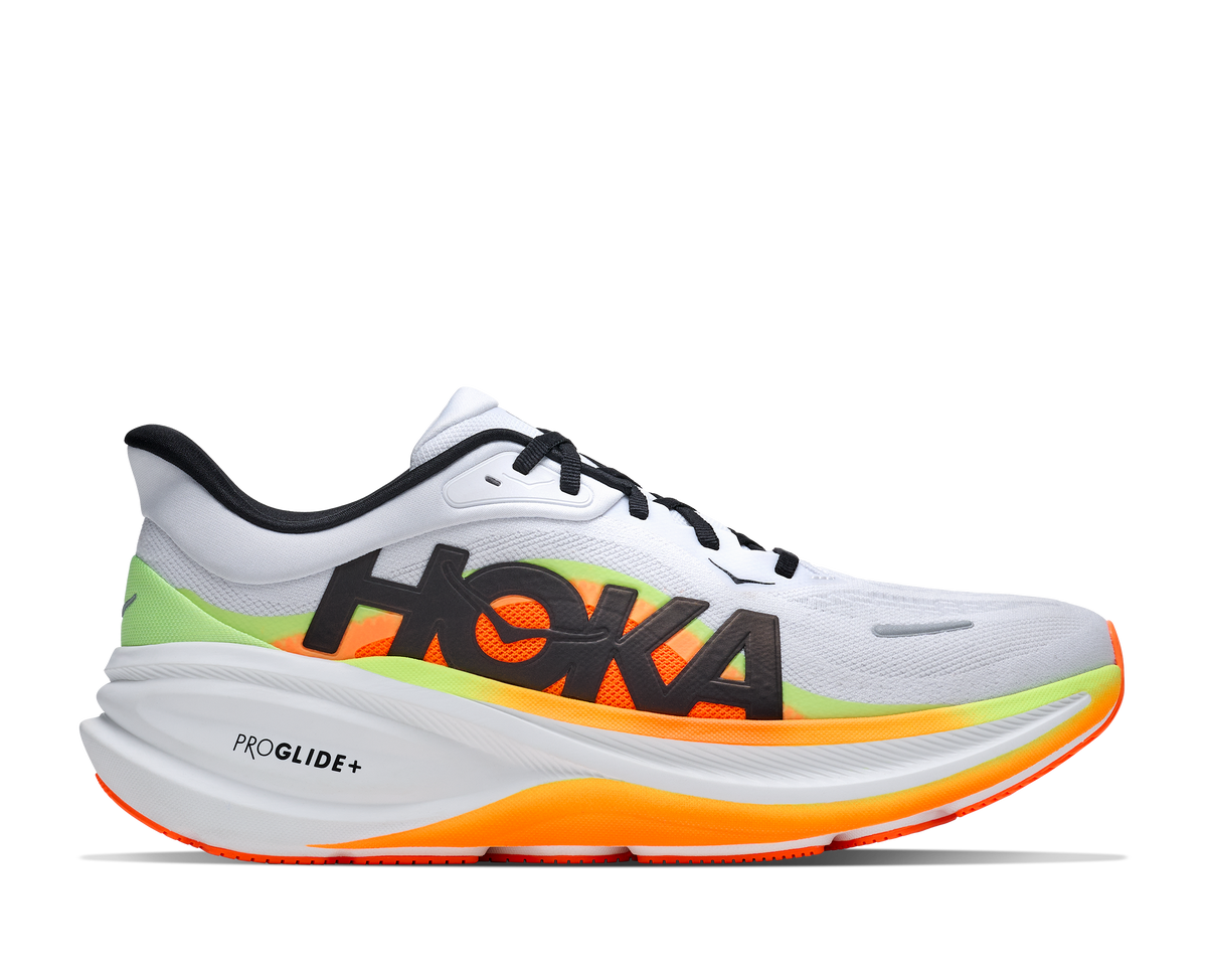 Men's Hoka Clifton Pro. Light Grey upper. White midsole. Lateral view.