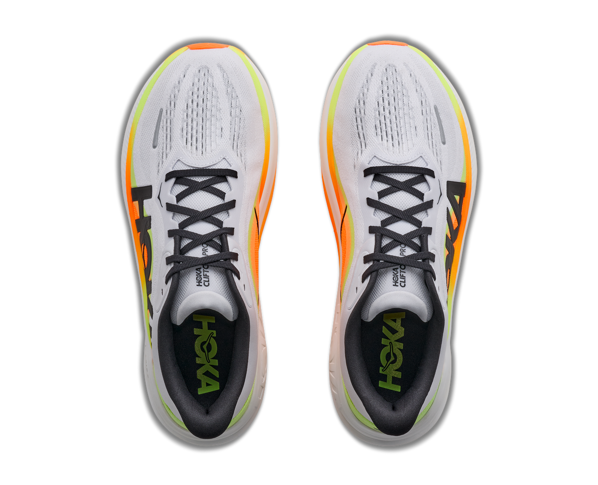 Men's Hoka Clifton Pro. Light Grey upper. White midsole. Top view.
