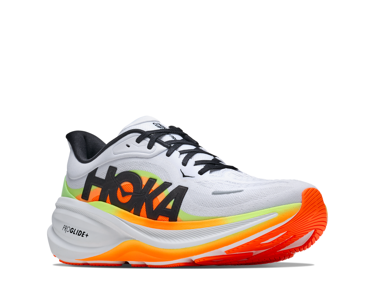 Men's Hoka Clifton Pro. Light Grey upper. White midsole. Lateral view.