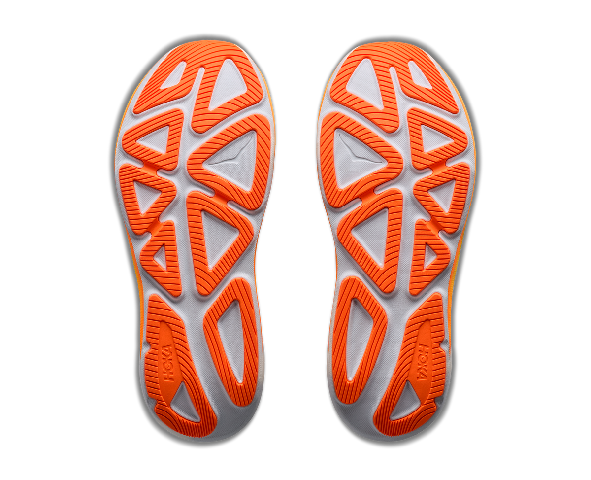 Men's Hoka Clifton Pro. Light Grey upper. White midsole. Bottom view.