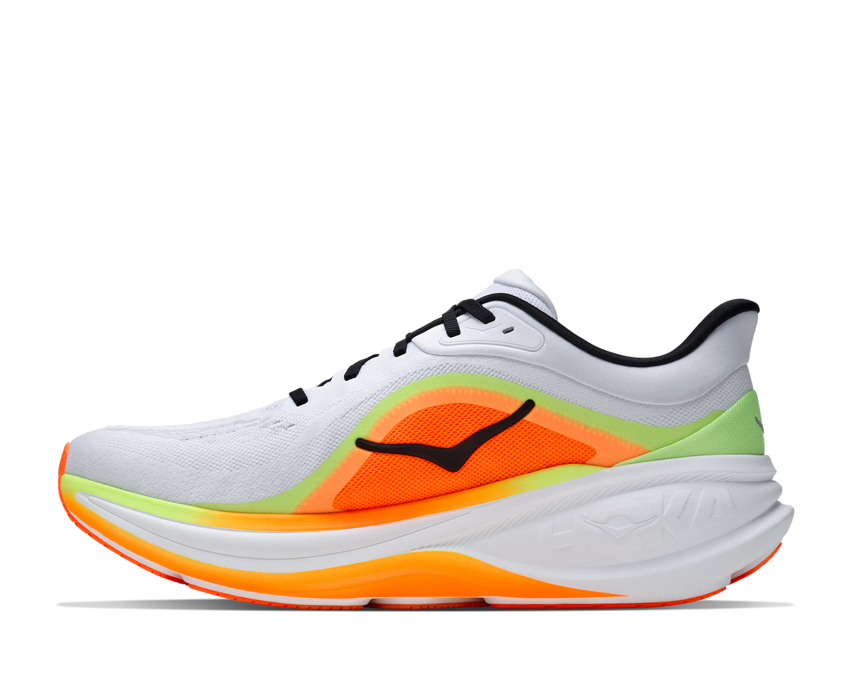 Men's Hoka Clifton Pro. Light Grey upper. White midsole. Medial view.