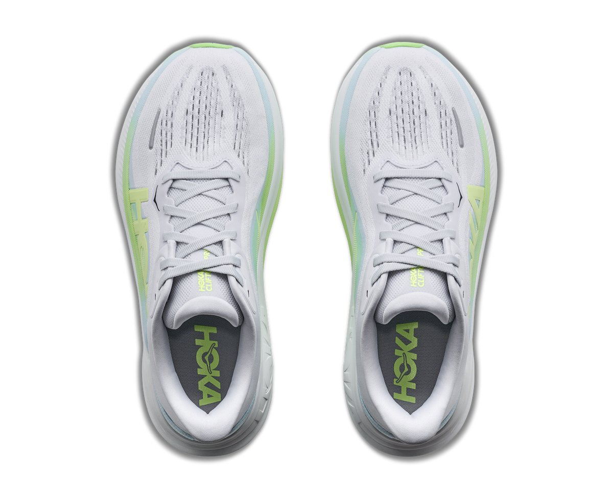 Women's HOKA Clifton Pro in Cosmic Grey/Neon Yuzu, top view.