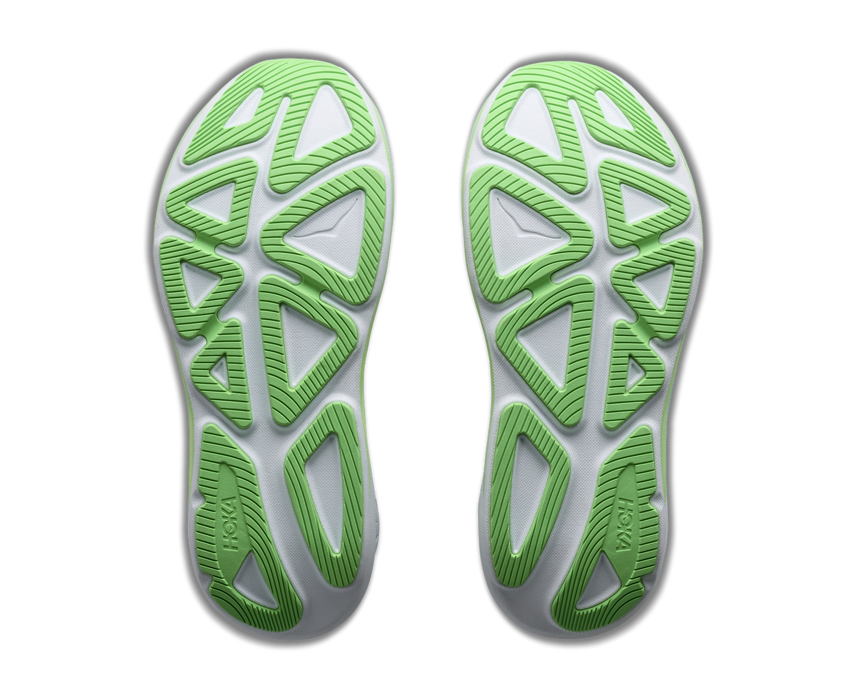 Women's HOKA Clifton Pro in Cosmic Grey/Neon Yuzu, outsole view.