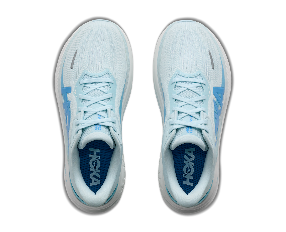 Women's Hoka Clifton Pro. Light Blue upper. White midsole. Top view.