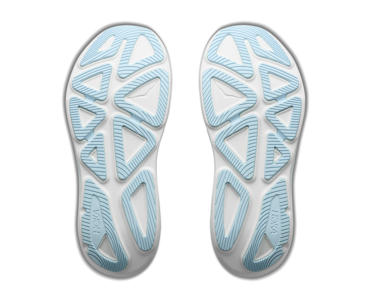 Women's Hoka Clifton Pro. Light Blue upper. White midsole. Bottom view.