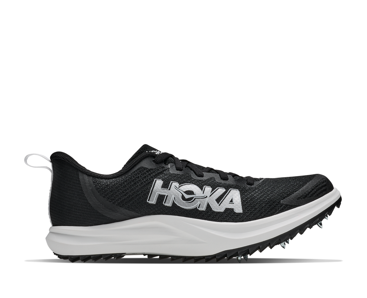 Hoka Crescendo XC 2. Black upper. White midsole. Lateral view.