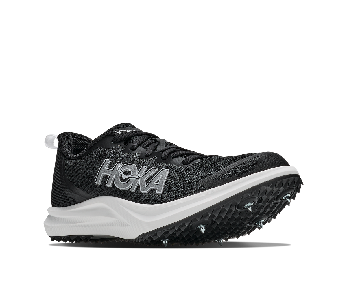 Hoka Crescendo XC 2. Black upper. White midsole. Lateral view.