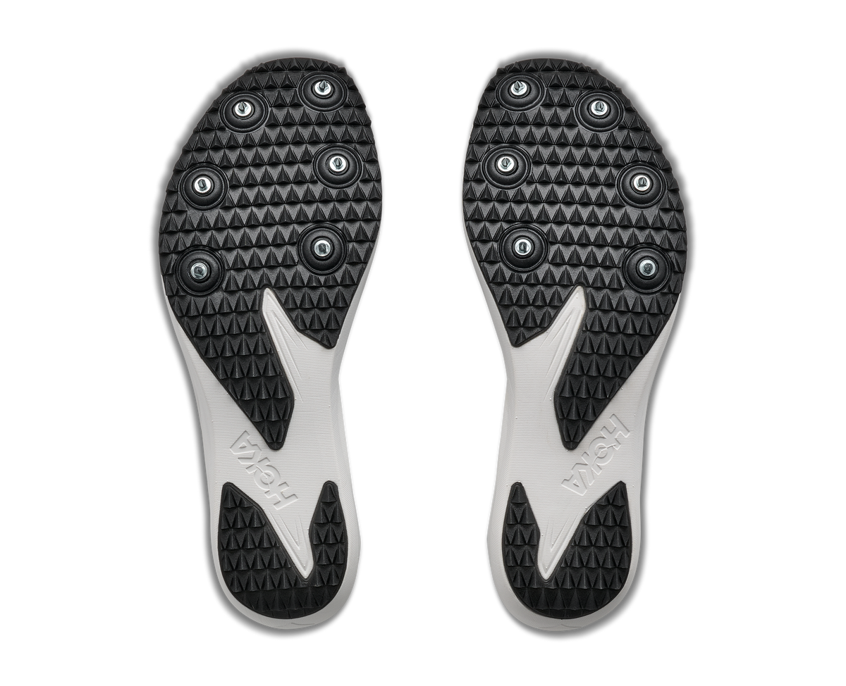 Hoka Crescendo XC 2. Black upper. White midsole. Bottom view.