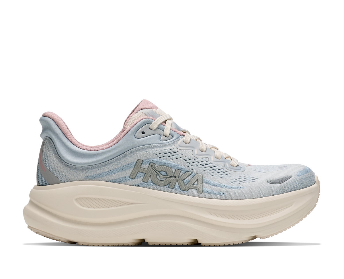 Women's Hoka Bondi 9. Light Blue upper. Off White midsole. Lateral view.