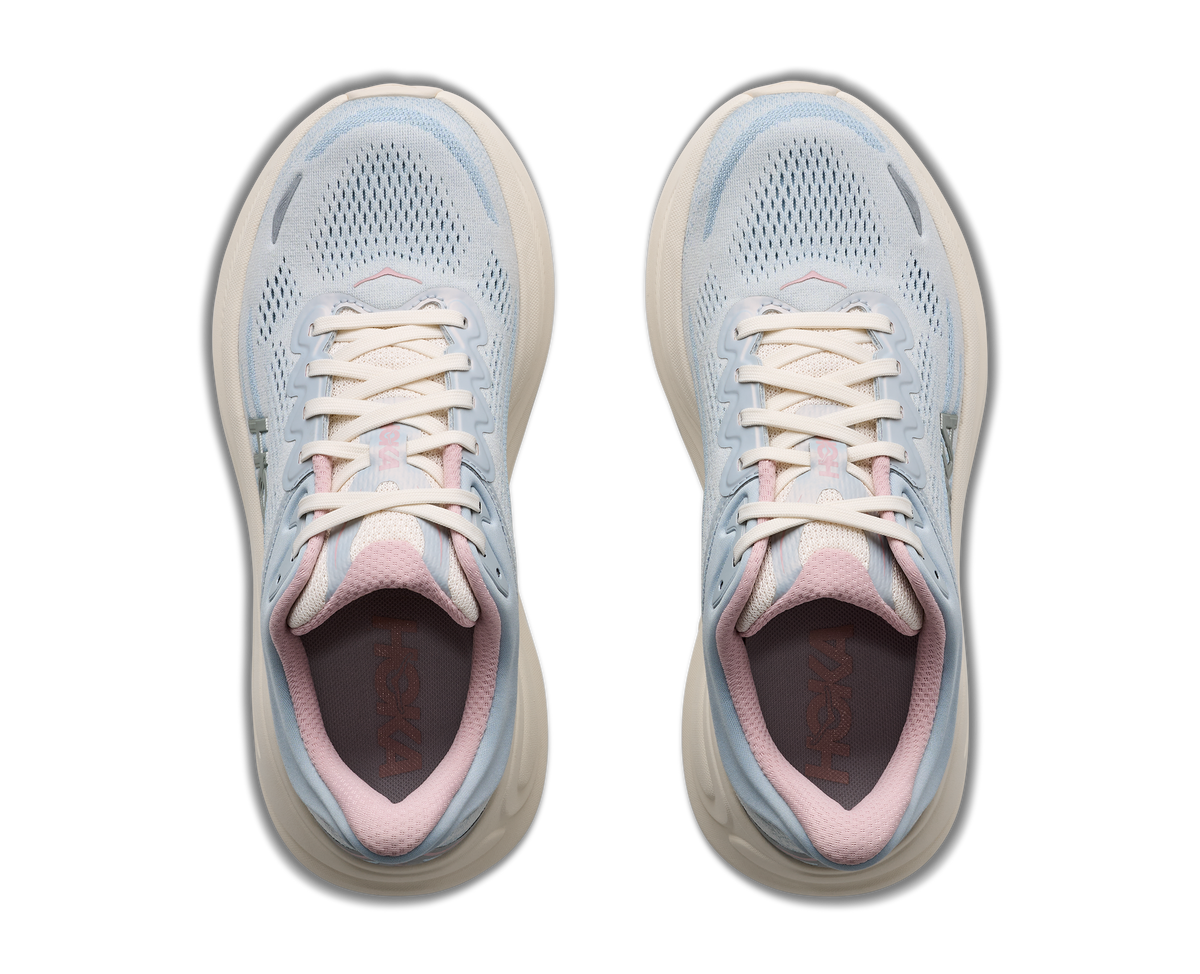 Women's Hoka Bondi 9. Light Blue upper. Off White midsole. Top view.