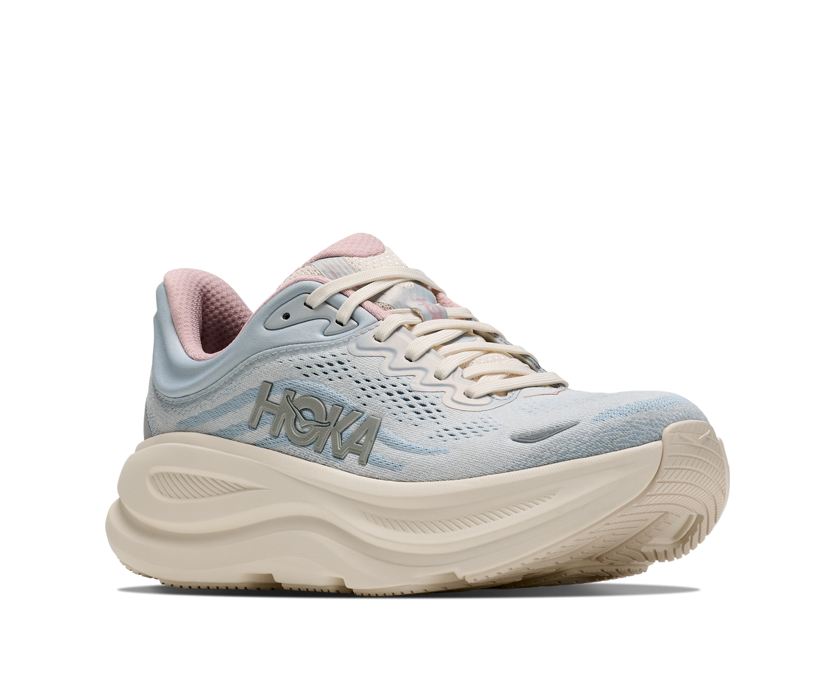 Women's Hoka Bondi 9. Light Blue upper. Off White midsole. Lateral view.