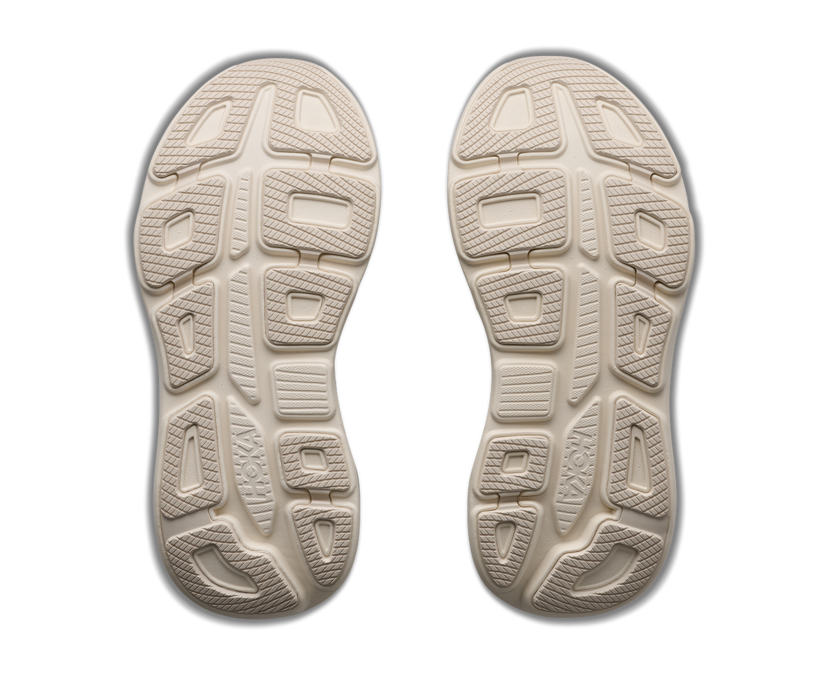Women's Hoka Bondi 9. Light Blue upper. Off White midsole. Bottom view.
