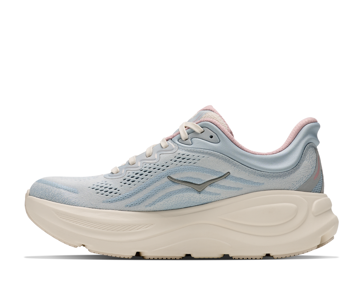 Women's Hoka Bondi 9. Light Blue upper. Off White midsole. Medial view.